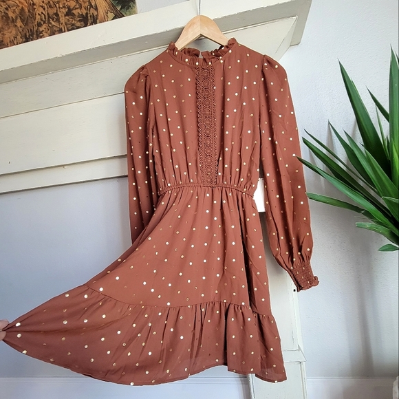 NWT SWEET WANDERER  Brown and Gold Polka Bohemian Dress - Picture 2 of 14